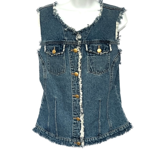 Escada Sport Blue Denim VEST Cotton Sleeveless Metal Buttons Size Medium Frayed - Picture 1 of 5